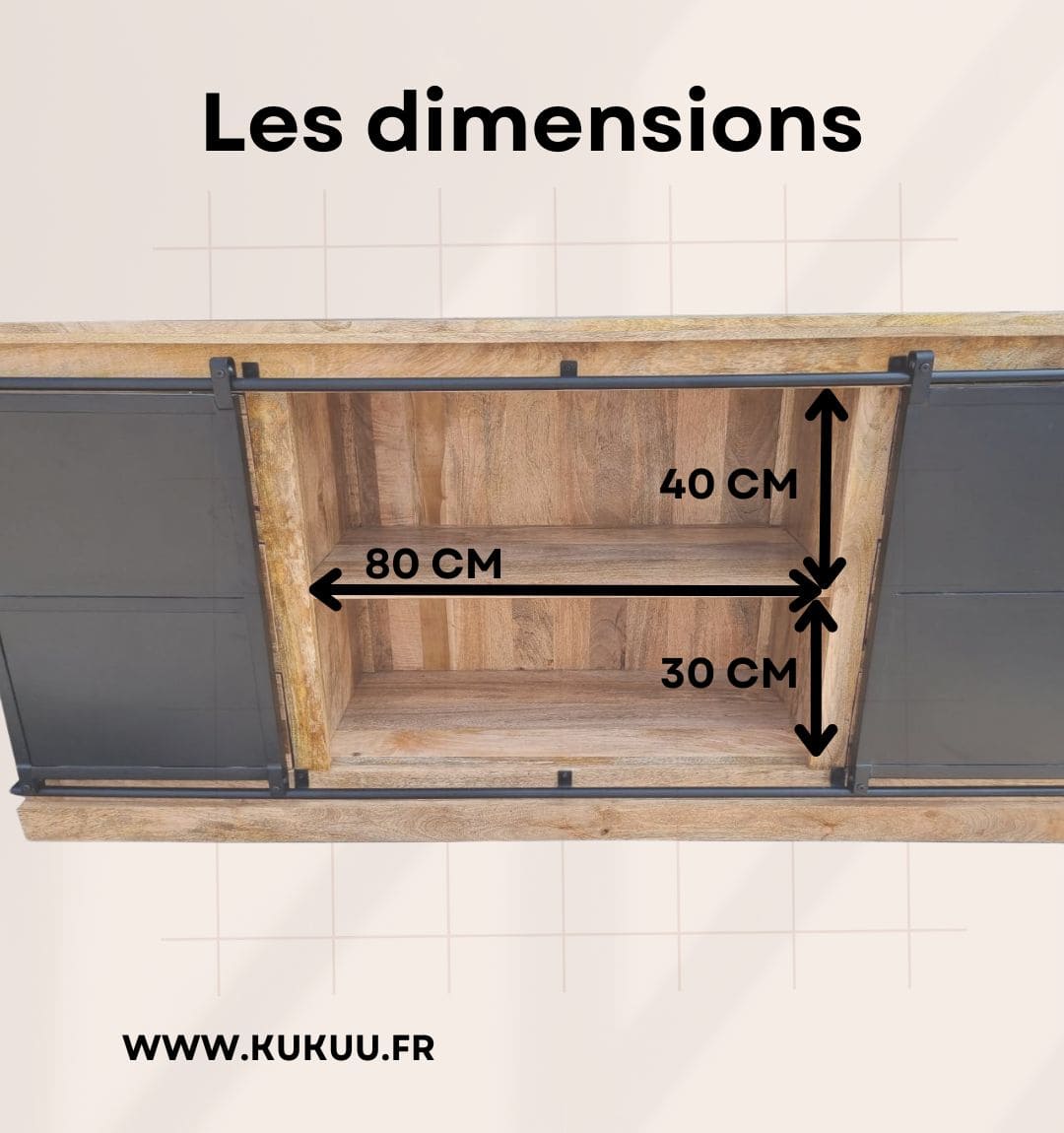 Buffet industriel massif bois et acier à portes coulissantes. Mesures: 200 x 45 x 90 cm. Kukuu, meubles industriels de qualité.