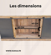 Buffet industriel massif bois et acier à portes coulissantes. Mesures: 200 x 45 x 90 cm. Kukuu, meubles industriels de qualité.