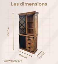 Charger l&#39;image dans la galerie, Notre vaisselier industriel a été fabriqué en deux parties, à partir de bois de manguier et acier. Mesures: 100 x 45 x 200 cm. Kukuu, boutique en ligne de mobilier industriel d&#39;intérieur.
