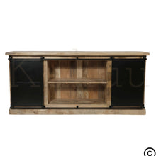 Charger l&#39;image dans la galerie, Buffet industriel, fait en bois massif de manguier et métal. Cette enfilade est composée de 6 tiroirs en bois, 2 portes coulissantes et de 2 étagères . Le mélange bois brut et métal apportera une touche unique et pleine de charme à votre intérieur. Mesures: 200 x 45 x 90 cm. Kukuu, boutique en ligne de meubles et décoration d&#39;intérieur. 
