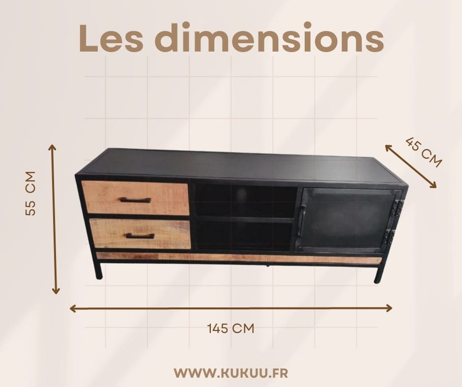 Meuble tv industriel, fait de métal et bois. Mesures: 145 x 45 x 55 cm. Kukuu, boutique en ligne de meubles industriels, vintage et scandinaves.