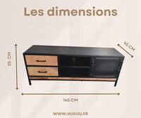 Meuble tv industriel, fait de métal et bois. Mesures: 145 x 45 x 55 cm. Kukuu, boutique en ligne de meubles industriels, vintage et scandinaves.