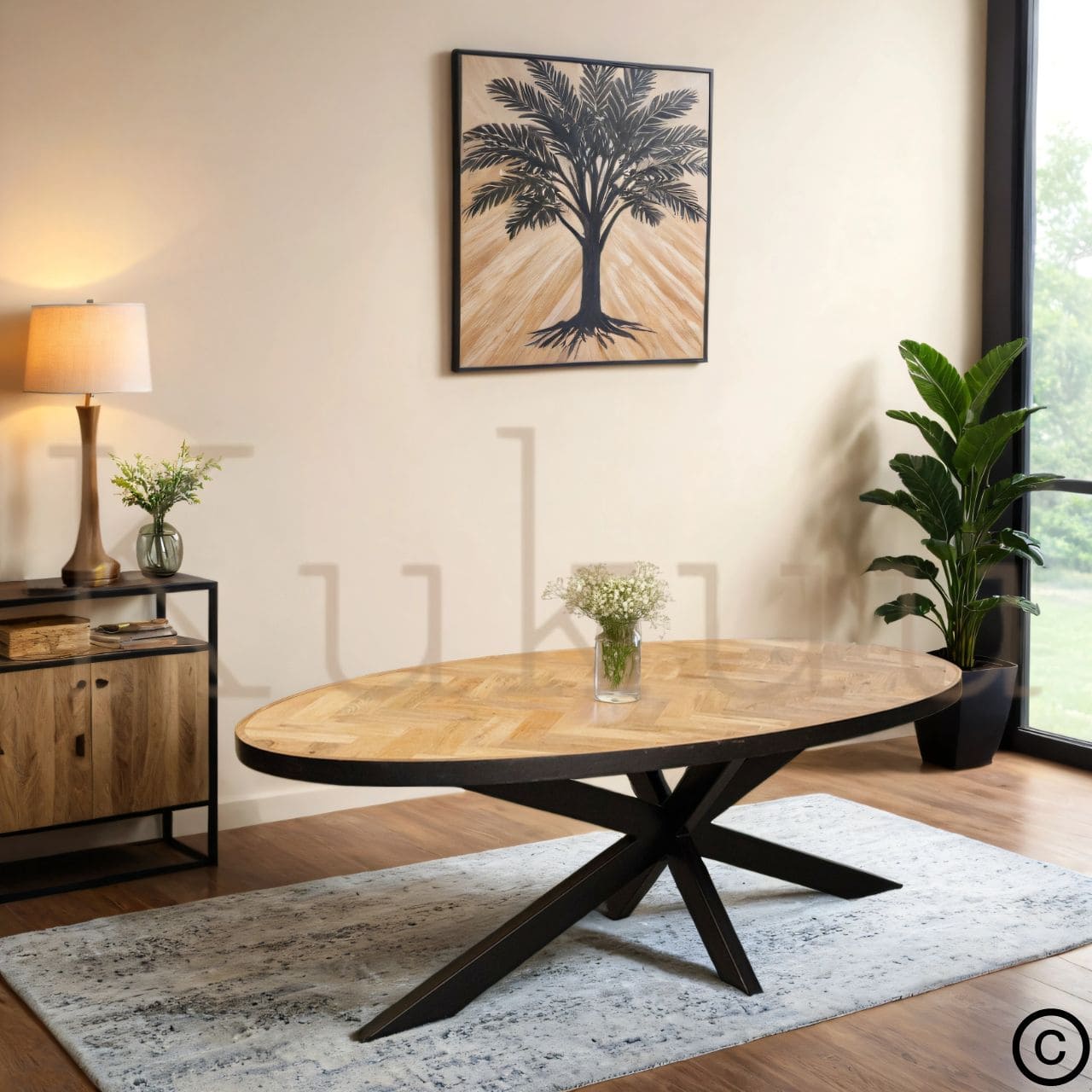 Cette table à manger ovale a été fabriquée à partir de bois de manguier et de métal. Longueurs disponibles: 200, 220, 240 cm. Largeur: 100 cm. Hauteur: 78 cm. Kukuu, boutique en ligne de meubles industriels.