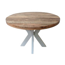 Charger l&#39;image dans la galerie, La table ronde blanche a été fabriquée à partir d&#39;acier et de bois massif de manguier. Mesures: 120 x 120 x 78 cm. Kukuu, boutique en ligne de mobilier industriel.
