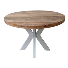 Charger l&#39;image dans la galerie, La table ronde blanche a été fabriquée à partir d&#39;acier et de bois massif de manguier. Mesures: 120 x 120 x 78 cm. Kukuu, boutique en ligne de mobilier industriel.
