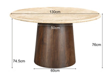 Charger l&#39;image dans la galerie, Ajoutez une touche de modernité à votre maison avec cette magnifique table ronde travertin et manguier de 130 cm. Mesures: 130 (L) x 130 (l) x 76 (H) cm. Kukuu, spécialiste en mobilier d&#39;intérieur.
