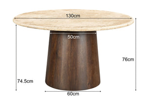 Ajoutez une touche de modernité à votre maison avec cette magnifique table ronde travertin et manguier de 130 cm. Mesures: 130 (L) x 130 (l) x 76 (H) cm. Kukuu, spécialiste en mobilier d'intérieur.